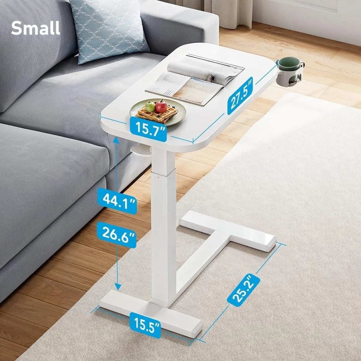 28/32Inch Bedside Table with Wheels, Height-Adjustable Rolling Computer Cart, Overbed Table with Cup Holder, Pneumatic Laptop Standing Desk for Home Office