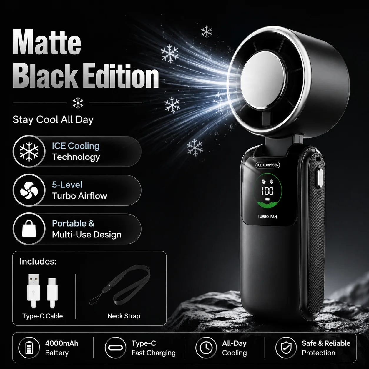 Ice Cooling Portable Neck Fan, 5-Speed Turbo Wind Foldable Hands Free Cooler, 4000mAh 9H Battery Travel Outdoor