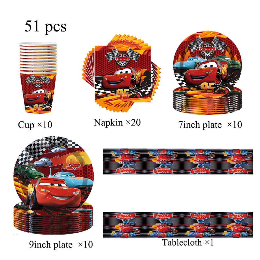 Cars Theme Birthday Party Decoration Tableware Banner Tablecloth Gift Bag Paper Plates Party Favors Toy Set Stamps Bracelets