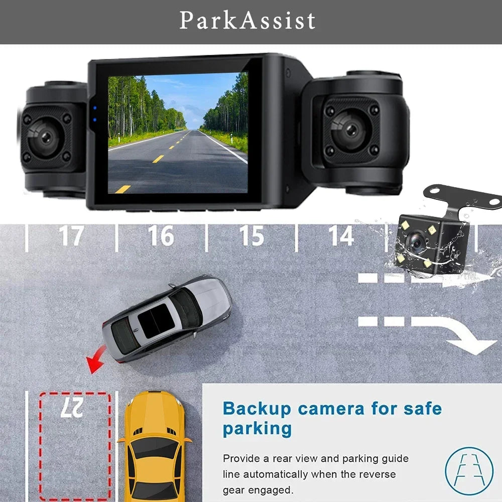 Dash Cam W/ IR Night Vision Loop Recording 3" IPS Screen 360° Rotatable 1080P 4 Camera Front/Rear/Left/Right Cars Driving DVR