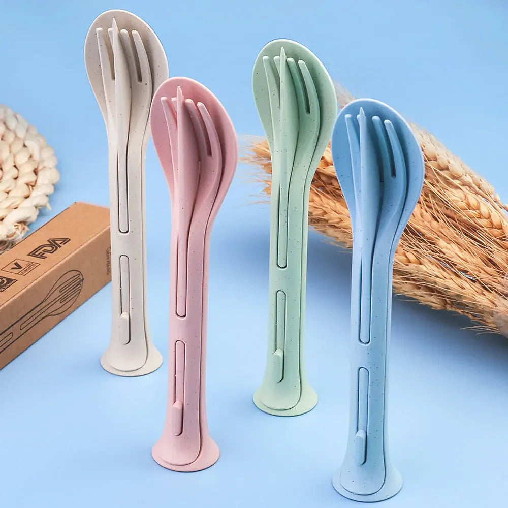 3Pcs Portable Tableware Set Wheat Straw Dinnerware Detachable Cutlery Travel Tableware Picnic Dinnerware Set Camping Cutlery Set