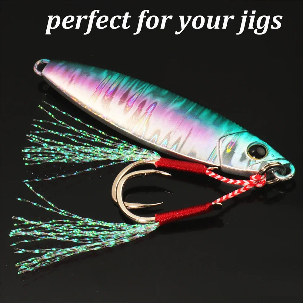 Cast Jig Assist Hook 10PCS/Lot High Carbon Steel Angle Barbed Thread Feather Lake Fishing Tackle Slow Jigging Sea Pesca Fishhook
