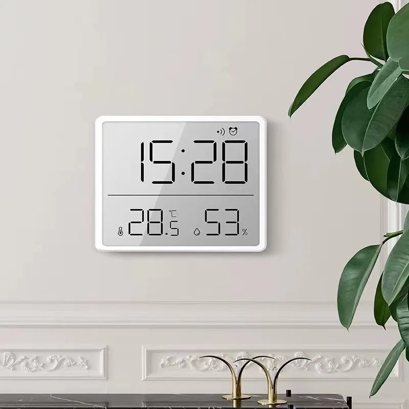 3-in-1 Smart Digital Clock - Temperature & Humidity Display + Alarm - Ultra-Thin Adhesive Mount for Wall or Tabletop Use