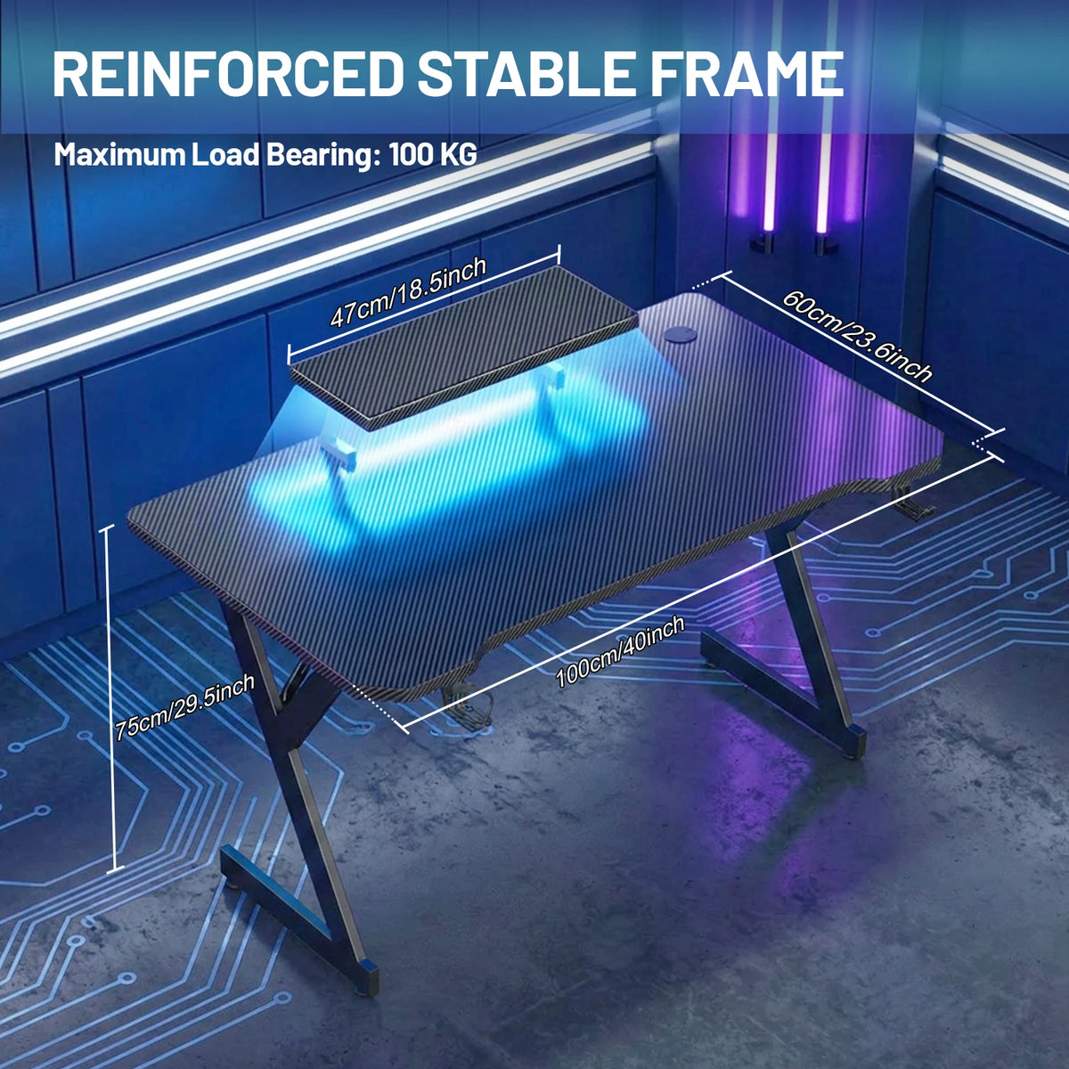 NEBMAAX Gaming Desk with LED Lights, Ergonomic Monitor Stand & Cup Holder, Large Computer Desk with Headphone Hook for Home Office, Black