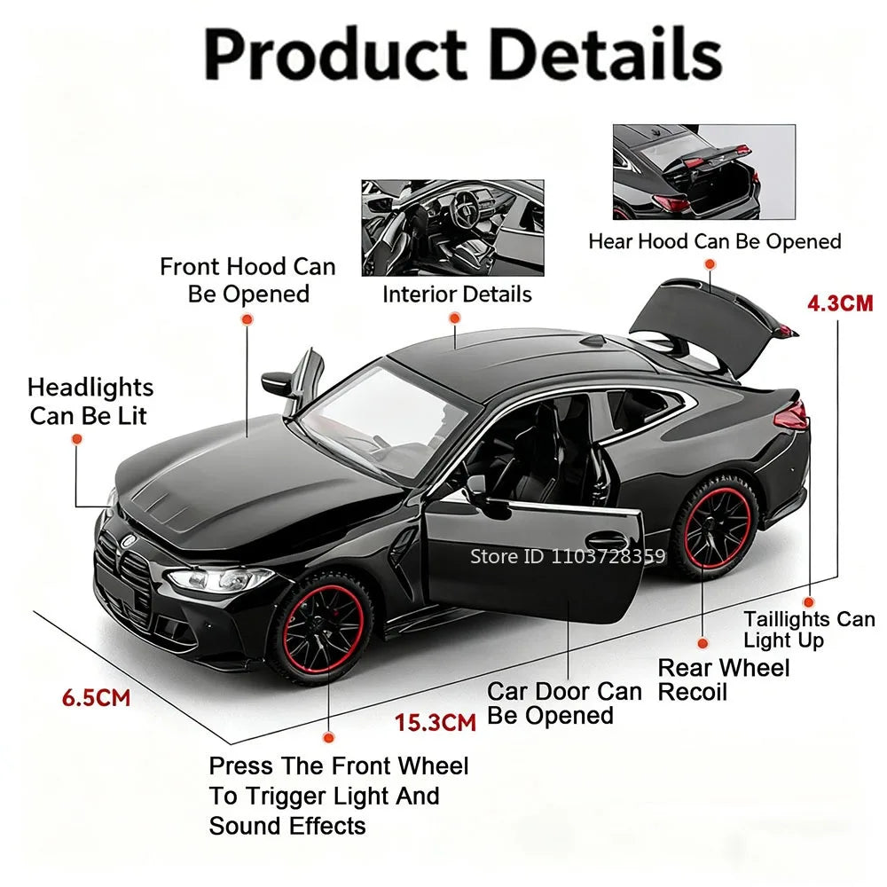 1:32 M4 320I Simulation Car Model Toys Metal Diecast Doors Opened Sound Light Pull Back Rubber Tires Ornament Vehicles for Kids