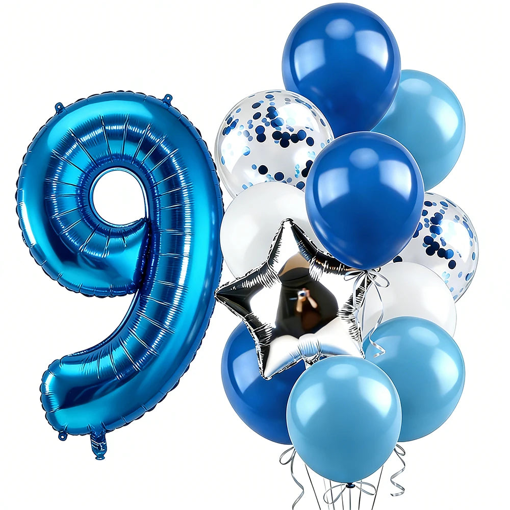 12pcs Blue 32inch Number Foil Balloon Star Confetti Latex Balloon Birthday Party Kids Adult Wedding Anniversary Globos Supplies