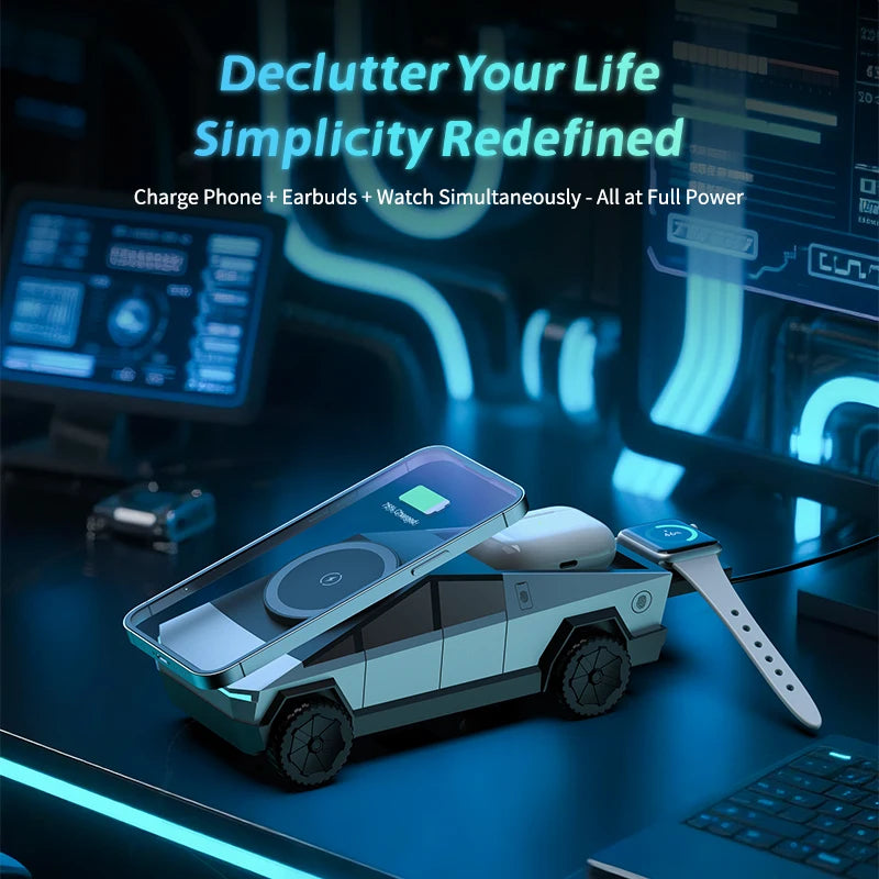 Cybertruck multifunctional 3-in-1 wireless charger—perfect for iPhone, iWatch, and AirPods!