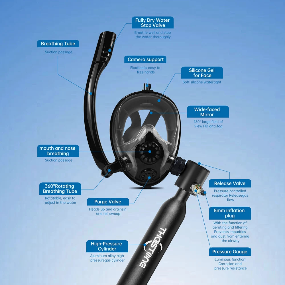 THAISTONE Diving Tank with Snorkel Mask 0.5L Mini Scuba Portable Lungs Oxygen Cylinder Full Face Diving Mask 5-10 Mins