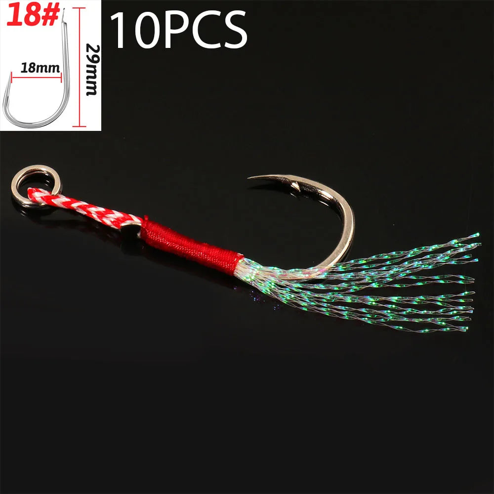 Cast Jig Assist Hook 10PCS/Lot High Carbon Steel Angle Barbed Thread Feather Lake Fishing Tackle Slow Jigging Sea Pesca Fishhook