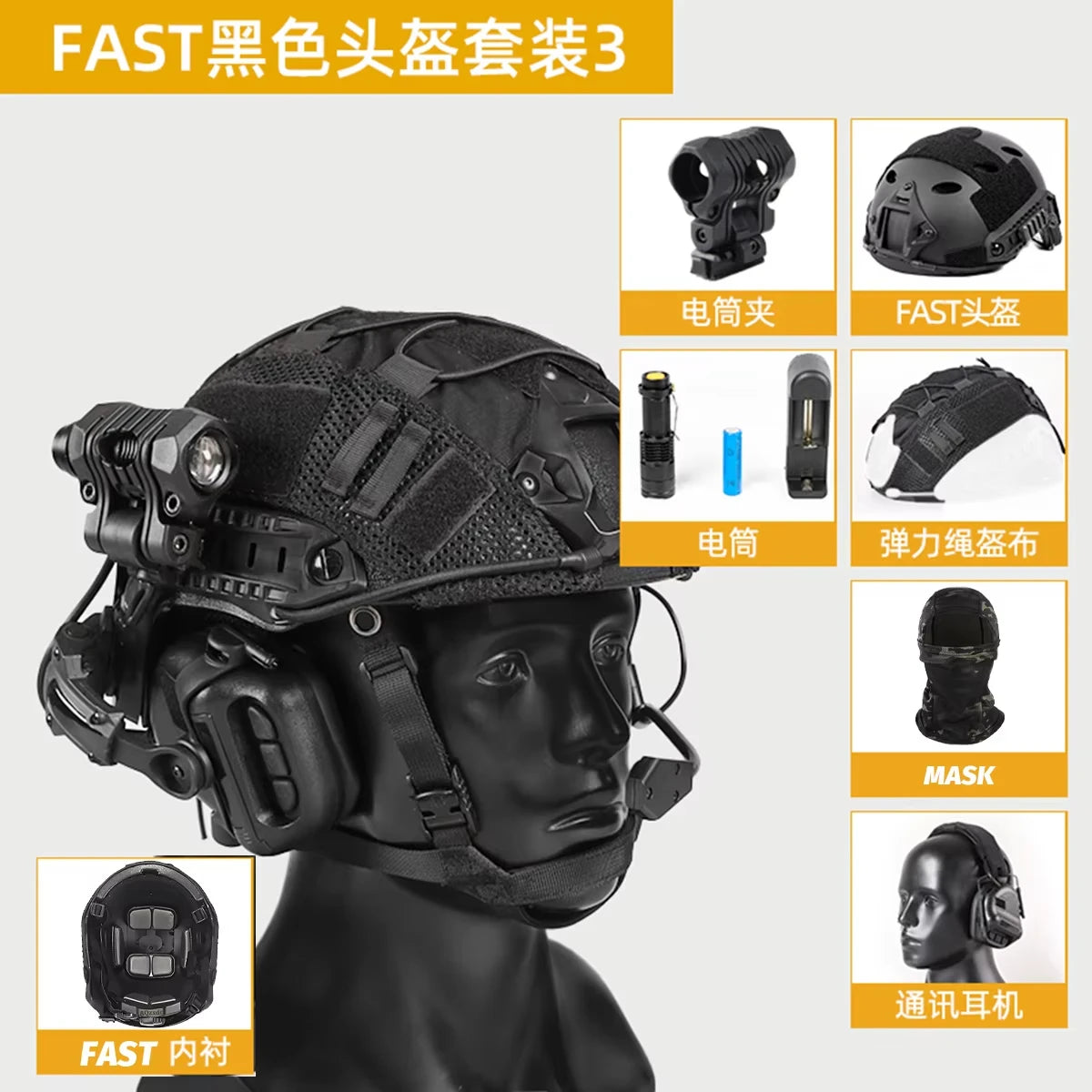 Helmet Set with Night Vision Model Sound Pickup Noise Reduction Military Headphones Tactical Flashlight Goggles Split Mask