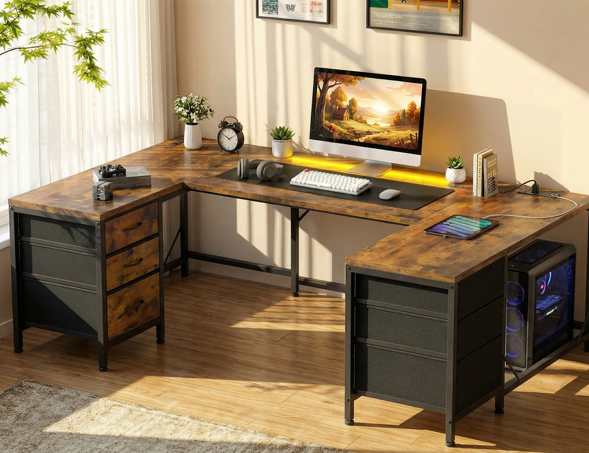 U Shaped Gaming Corner Desk 67" | Computer Desk Home Office Desk with 6 Drawers, Power Outlets, LED Lights for Bedroom Office