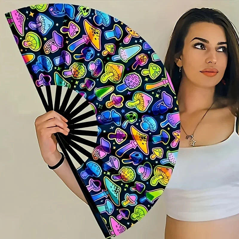 One Pack Large Carnival Folding Fan Fan Craft Fan with Energetic Neon Mushroom Pattern Can Be Used for Both Men and Women