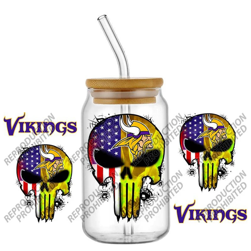 High Quality ‌3D Skull Sports Team Decal UV DTF Cup Wrap for 16oz Libbey Glasses Can DIY Mug Transfer Stickers