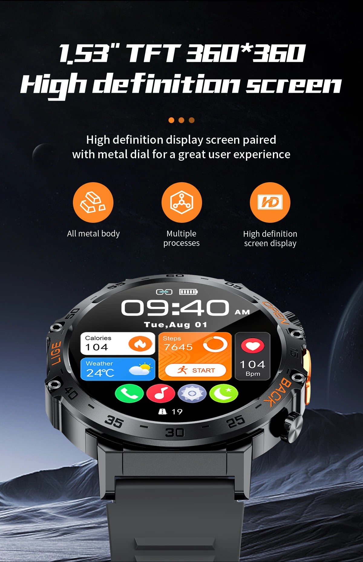 Stay active and connected with this men's smart watch featuring an HD screen, waterproof design, sports fitness tracking, and a handy flashlight—compatible with Android and iOS!