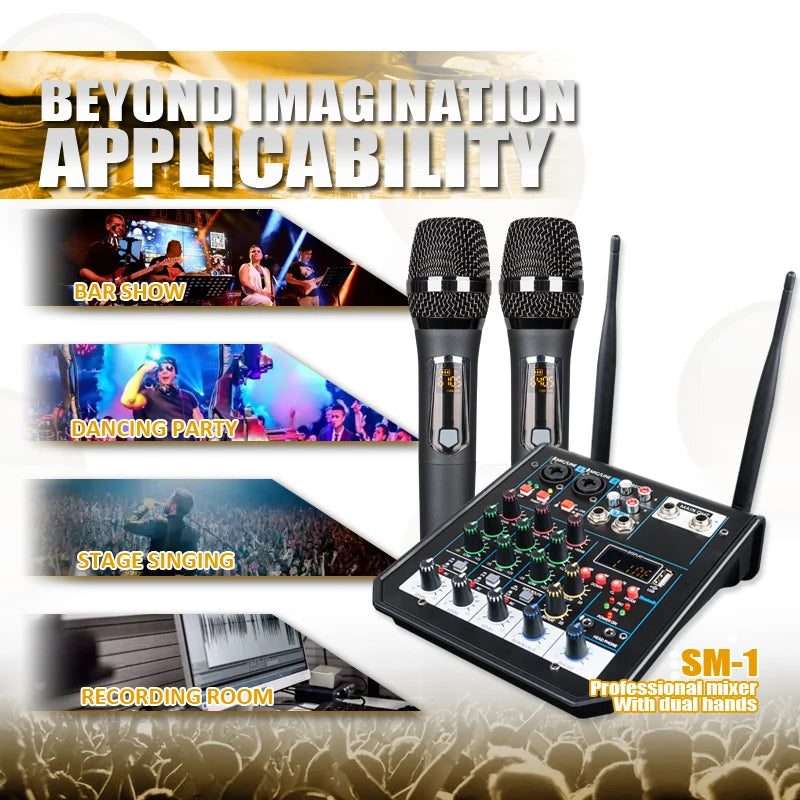 4 Channel Audio dj Mixer Console with Bluetooth Mixer UHF Wireless Microphone for Home Karaoke Stage Studio
