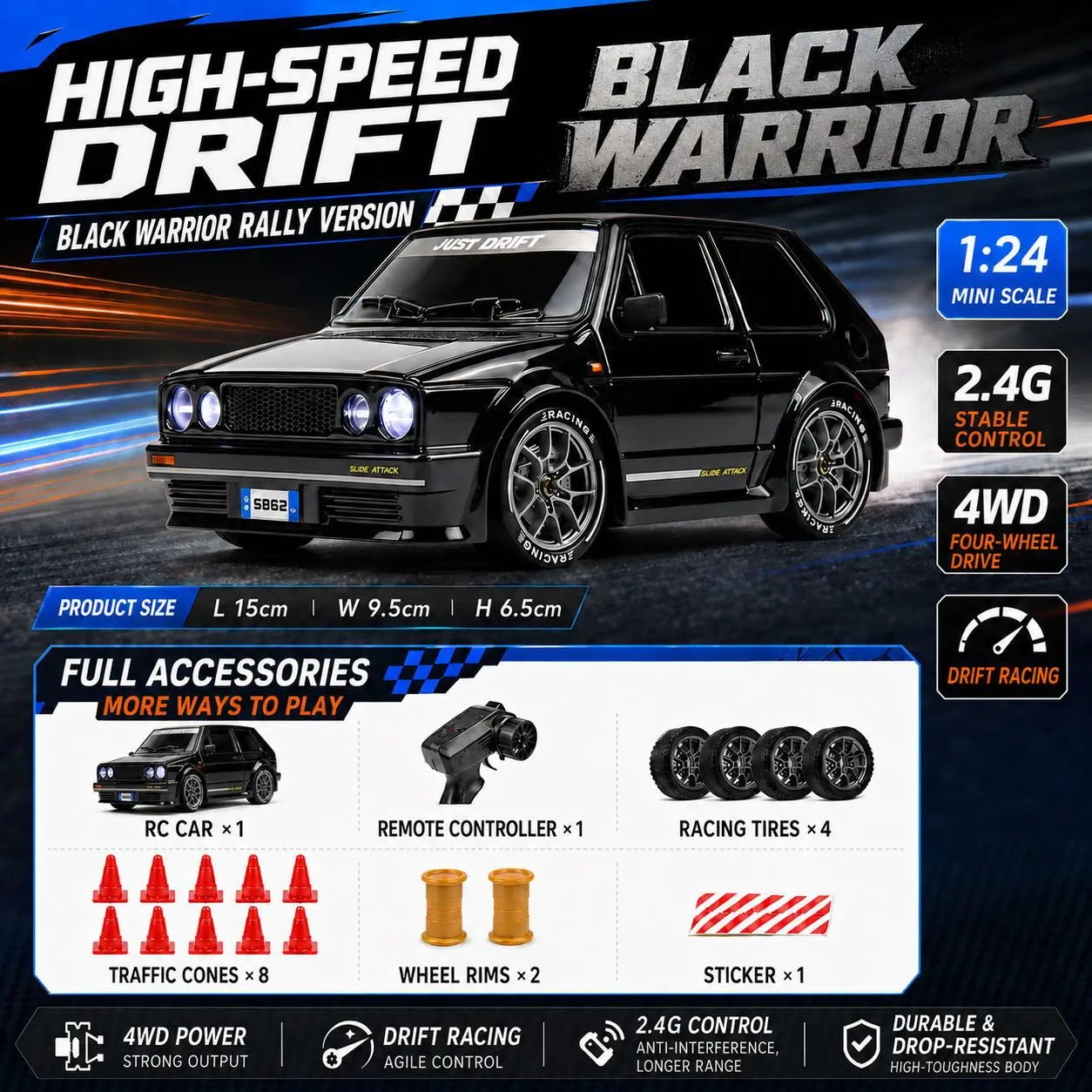 New Rc Drift Car 1 To 24 Scale Dinosaur Painted Four Wheel Drive Led Lights Aerodynamic Rear Wing Decorative Ornament