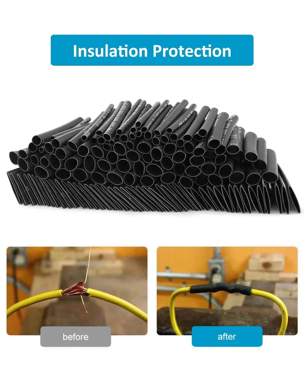 Protect your wiring with this black heat shrink tube kit—thermoresistant tubing ideal for wire wrapping, electrical connections, and cable insulation!