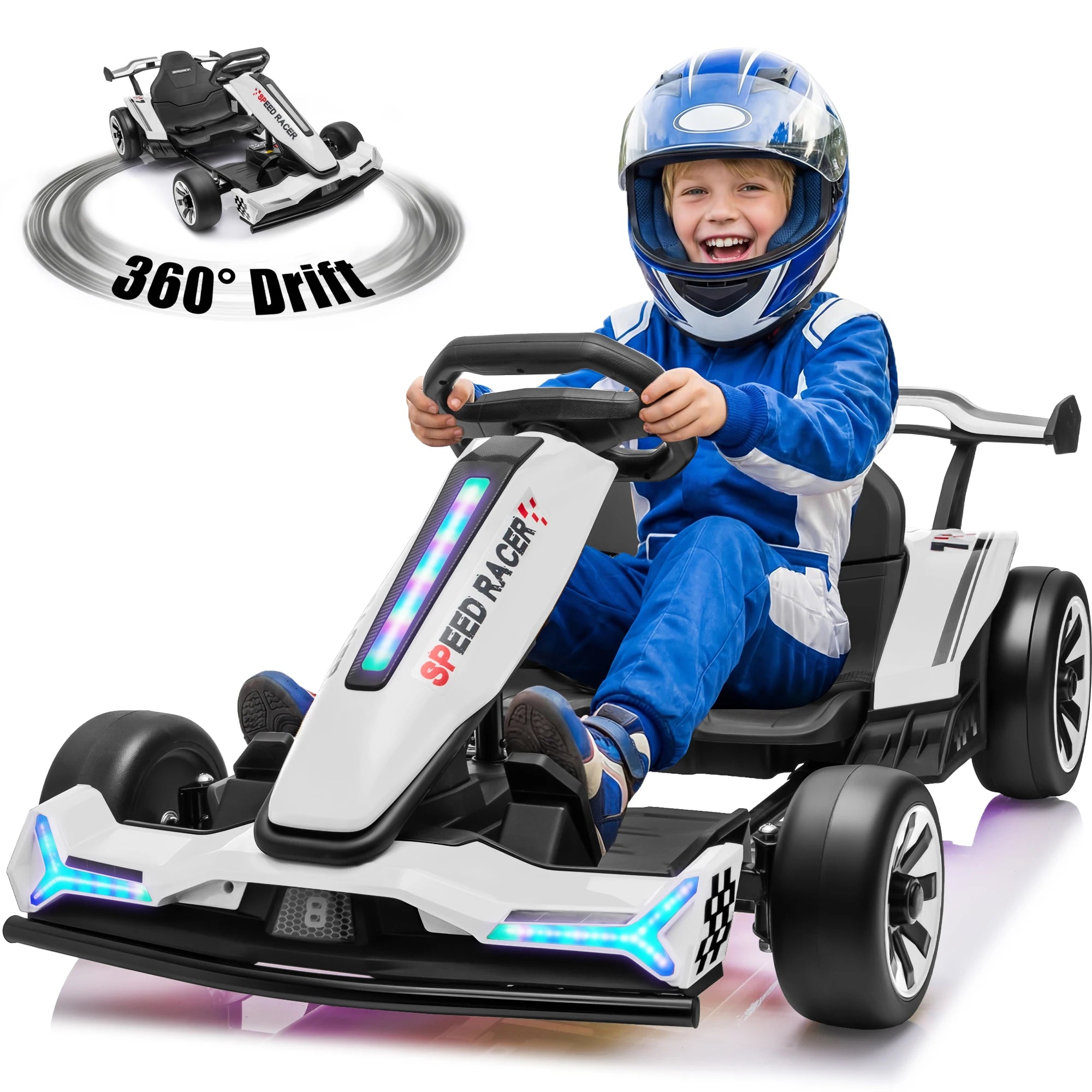 Joyracer 24V Go Kart for Kids 6-12, 2x400W Motors Electric Drift Car with Adjustable Length, 360°Drift Mode, 6.5 MPH High Speed Racing Car, Bluetooth Music