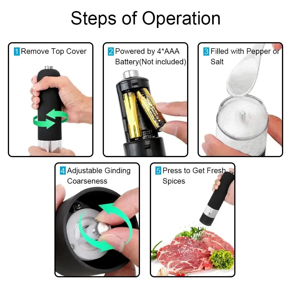 Season with precision using this electric automatic salt and pepper mill—featuring LED light and adjustable coarseness for perfect flavor every time!
