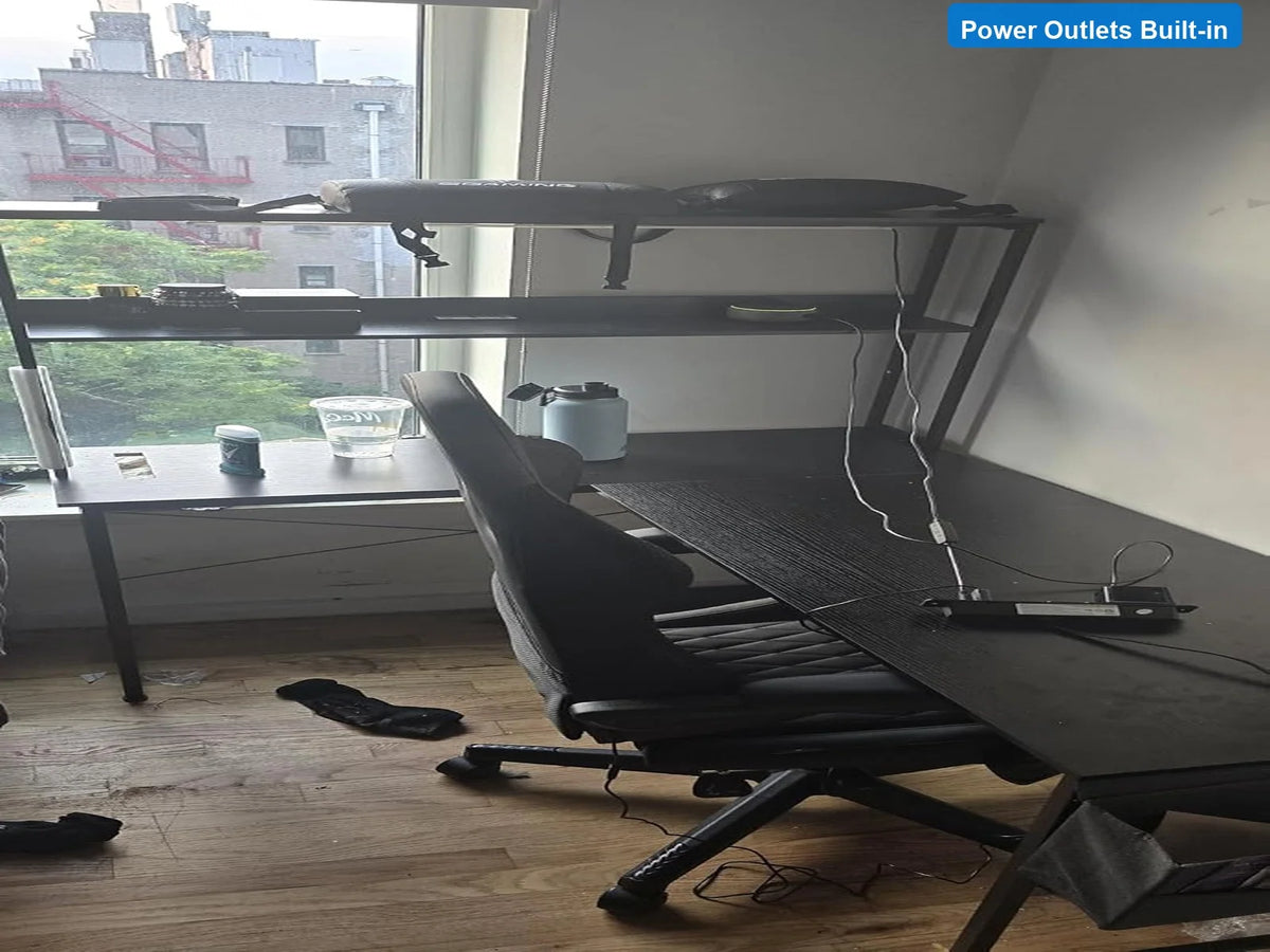L Shaped Gaming Desk 53 Inch with LED Light Power Outlets Reversible Shelves Computer Corner Black Home Office Study