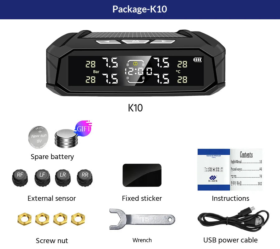 E-ACE Car TPMS Sensor 8 Bar Smart System For Car Truck With Car Electronic Clock Auto Intelligent System Solar Power LCD Display