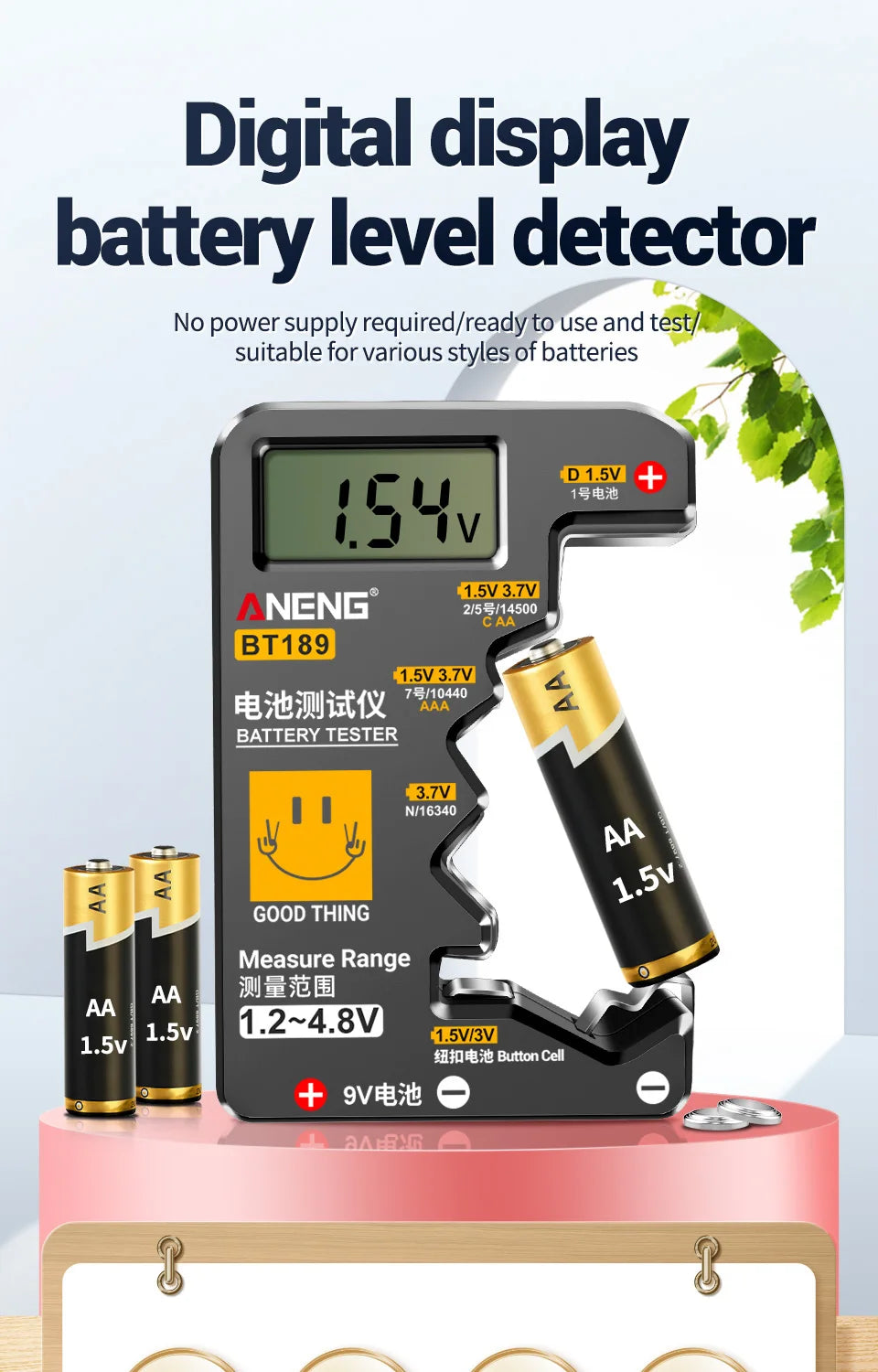 Quickly check your batteries with this universal button cell battery tester—compatible with 9V, N, D, C, AA, and AAA sizes, featuring an easy-to-read LCD display!