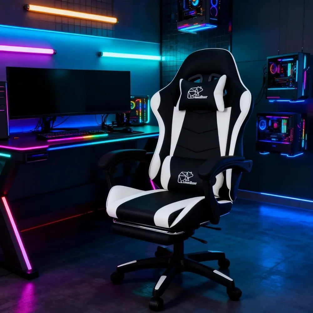 Computer Gaming Chair, Ergonomic Gaming Chair, Leather Office Chairs with Foot Rest, Back Recliner Height Adjustable White+Black
