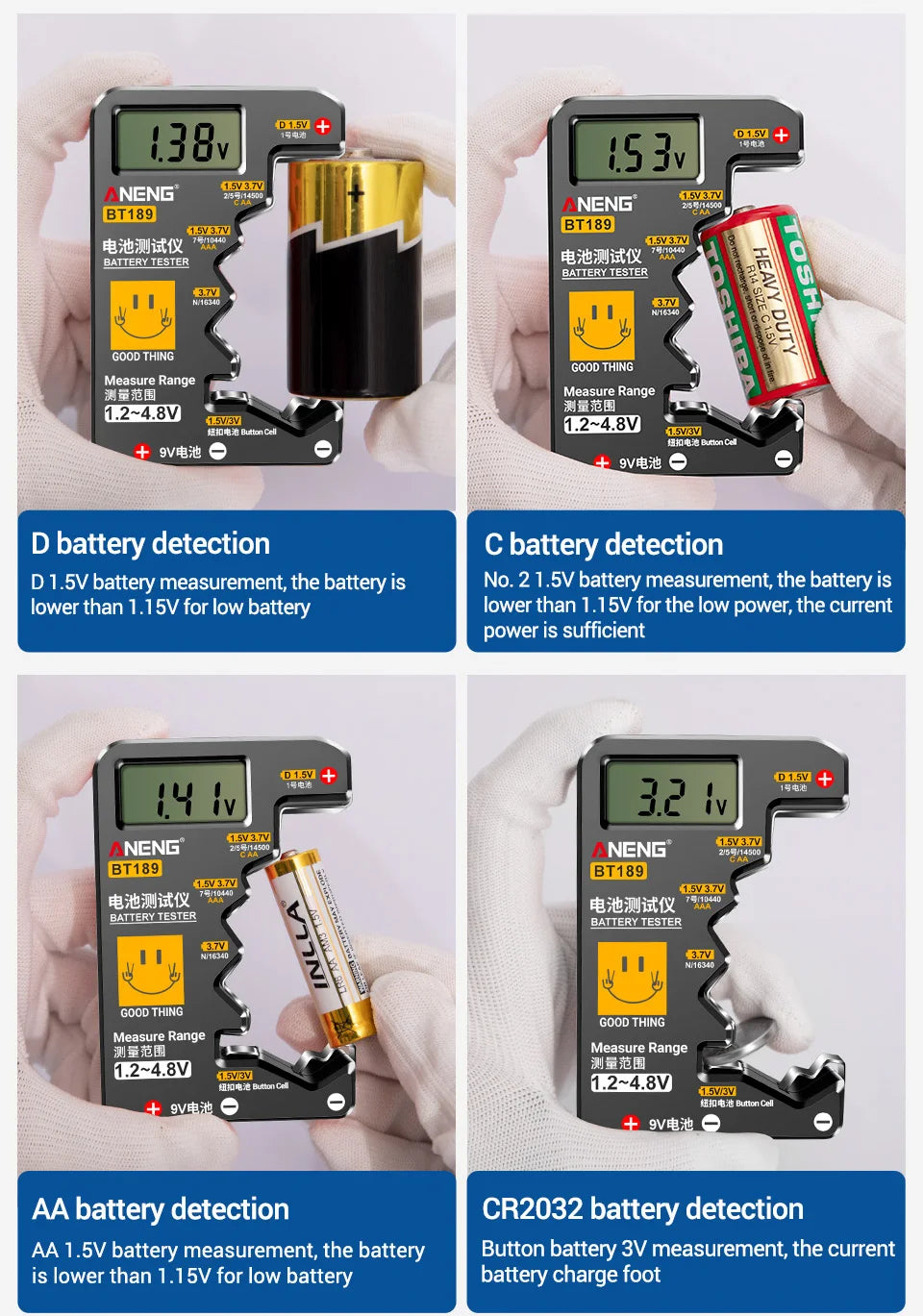 Quickly check your batteries with this universal button cell battery tester—compatible with 9V, N, D, C, AA, and AAA sizes, featuring an easy-to-read LCD display!