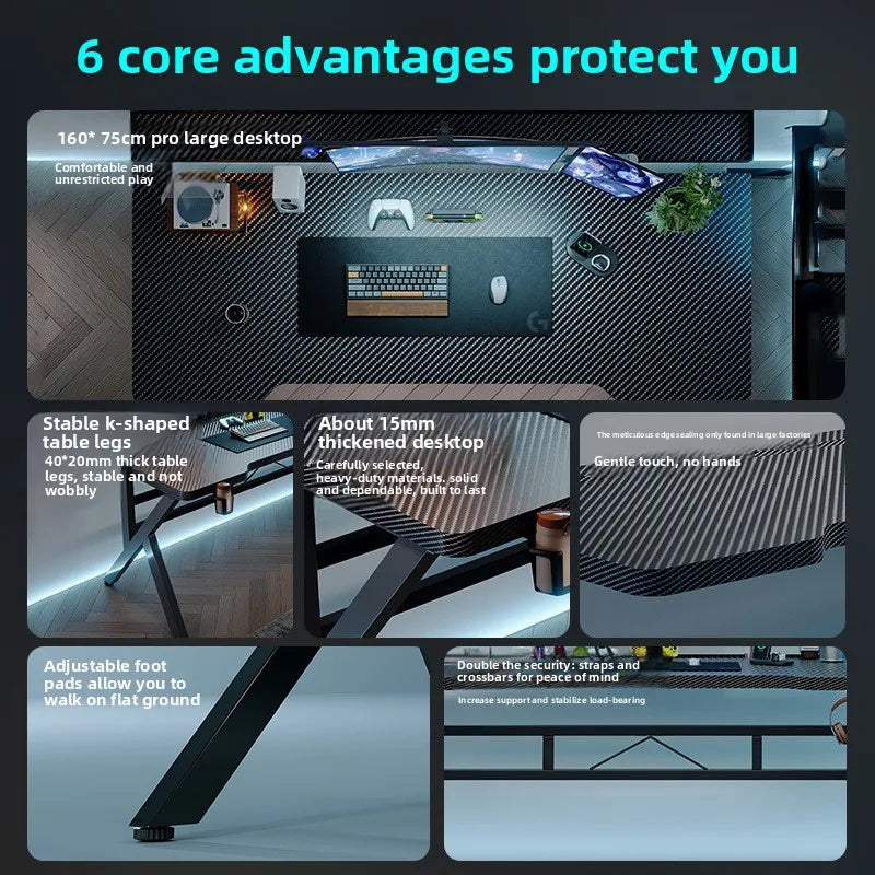 Two-Section Split Solid Wood Computer Gaming Desk  | Ergonomic Home Office Workstation Furniture in Carbon Fiber Style