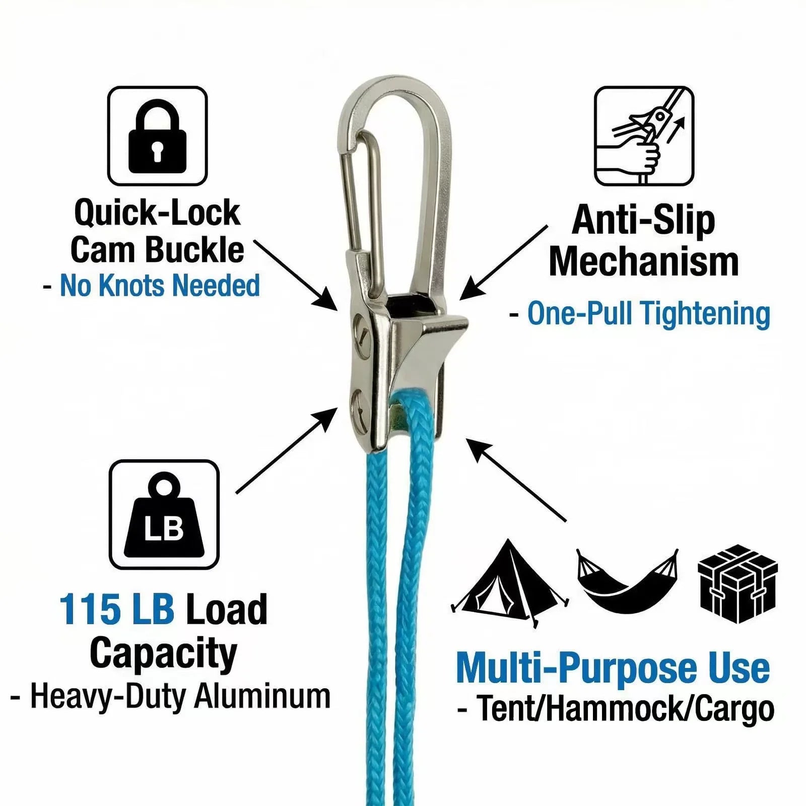 Rope Tying Tool And Tensioner with Roller Tensioner, Heavy-Duty Retractable Buckle with Accessory Rope, Suitable for Camping
