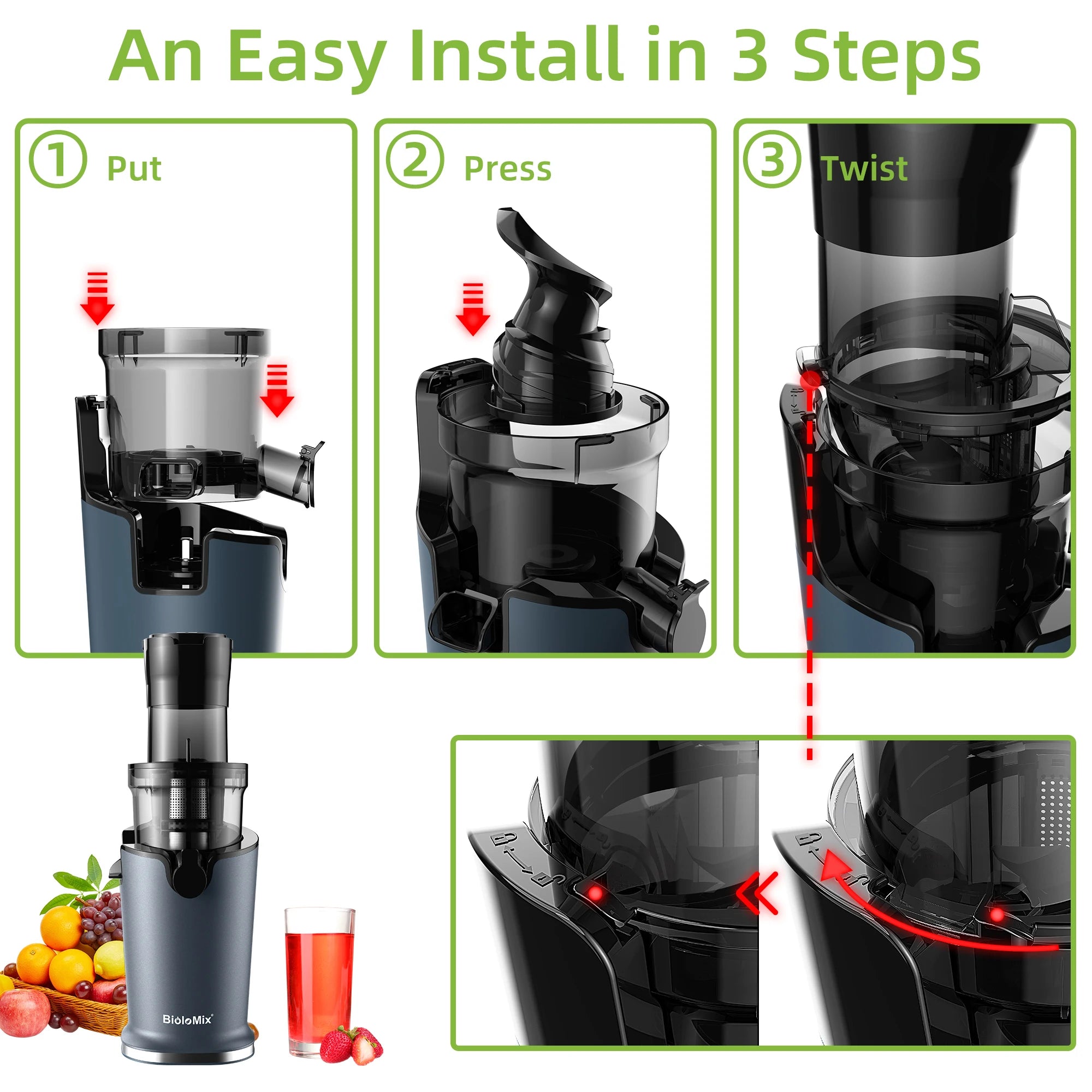 BioloMix Cold Press Juicer with 78mm Feed Chute, 200W 40-65RPM Powerful Motor Slow Masticating Juice Extractor Fits Whole Fruits