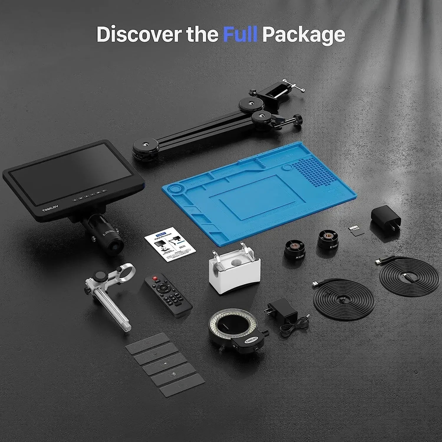 TOMLOV Digital Soldering Microscope 2000X 10.1" DM602 Flex HD Microscopes 3 Lens Coin Microscopio Ring Light For Repairing