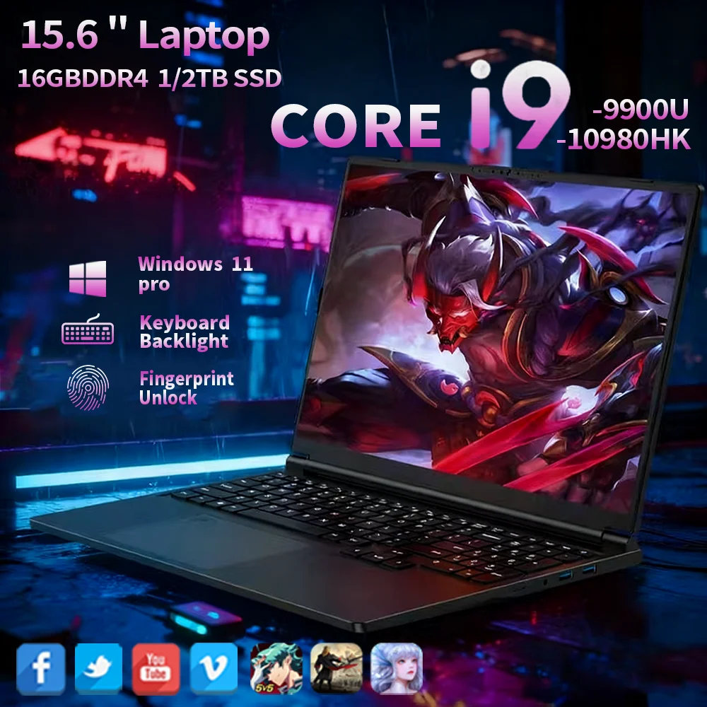 15.6' Laptop Computer Windows 11 Core I9-10980HK PC Gamer 16GB RAM Fingerprint Unlock Notebook Laptops Backlight Study Computer