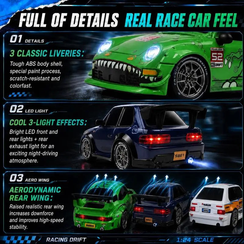 New Rc Drift Car 1 To 24 Scale Dinosaur Painted Four Wheel Drive Led Lights Aerodynamic Rear Wing Decorative Ornament