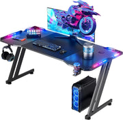 47"/55"/63" Gaming Desk with LED Lights, Carbon Fibre Surface Gaming Table, Large Computer Desk Ergonomic Home Office Desks, Z Shaped PC Gamer Workstations with Cup Holder & Headphone Hook, Black