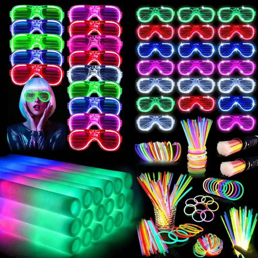 Glow Party Supplies Neon Party 100 PCS LED Glasses And Foam Glow Sticks Combo Bulk Light Up Shutter Glasses Bracelets For Birthday Wedding Concert Rave Valentine Christmas Party Favors Glow In The Dark Party Decor