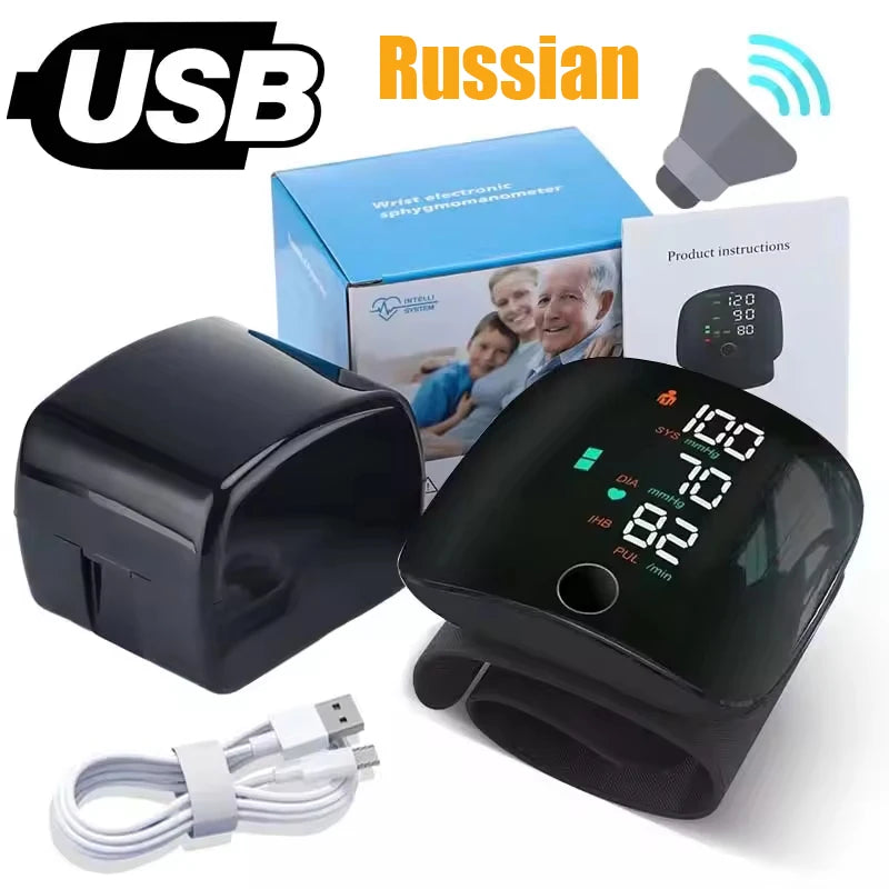 Portable Automatic Wrist Voice Blood Pressure Monitor Digital One Button Blood Pressure Monitor Machine Tonometers for Home Use