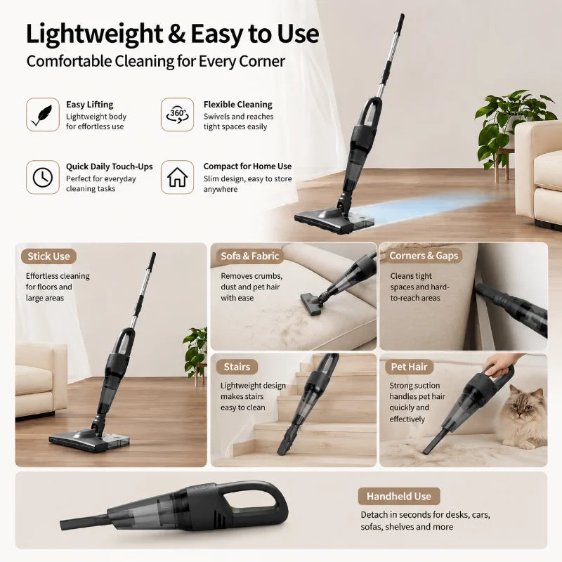 Cordless Handheld Vacuum Cleaner 5Kpa Strong Suction 4-in-1 Stick Vacuum and Mop Lightweight Household Cleaner for Dust Pet Hair