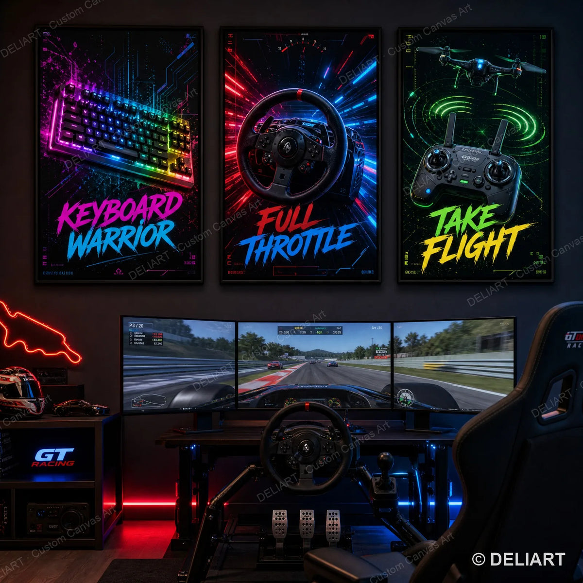 1 & 3 PCS Set Neon Gaming Posters Canvas Wall Art Print Gamepad Gamer Room Decor Esports Gift for Boys Teens Unframed