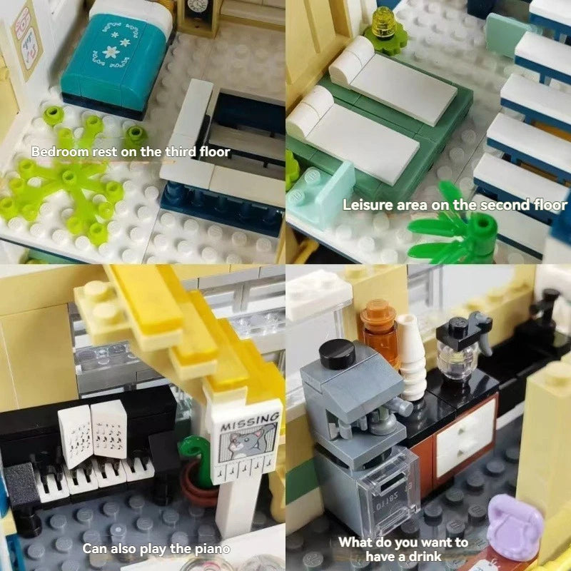 Garden Hotel Building Blocks Set, 3-Story City Street View Bricks Model, Creative DIY Assembly Toy for Kids Adults, Collectible