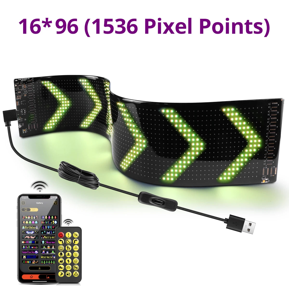 16x96 LEDs Matrix Pixel Panel,Scrolling Bright Advertising LED Signs Lights,USB Flexible 5V LED Car Sign Bluetooth App Control