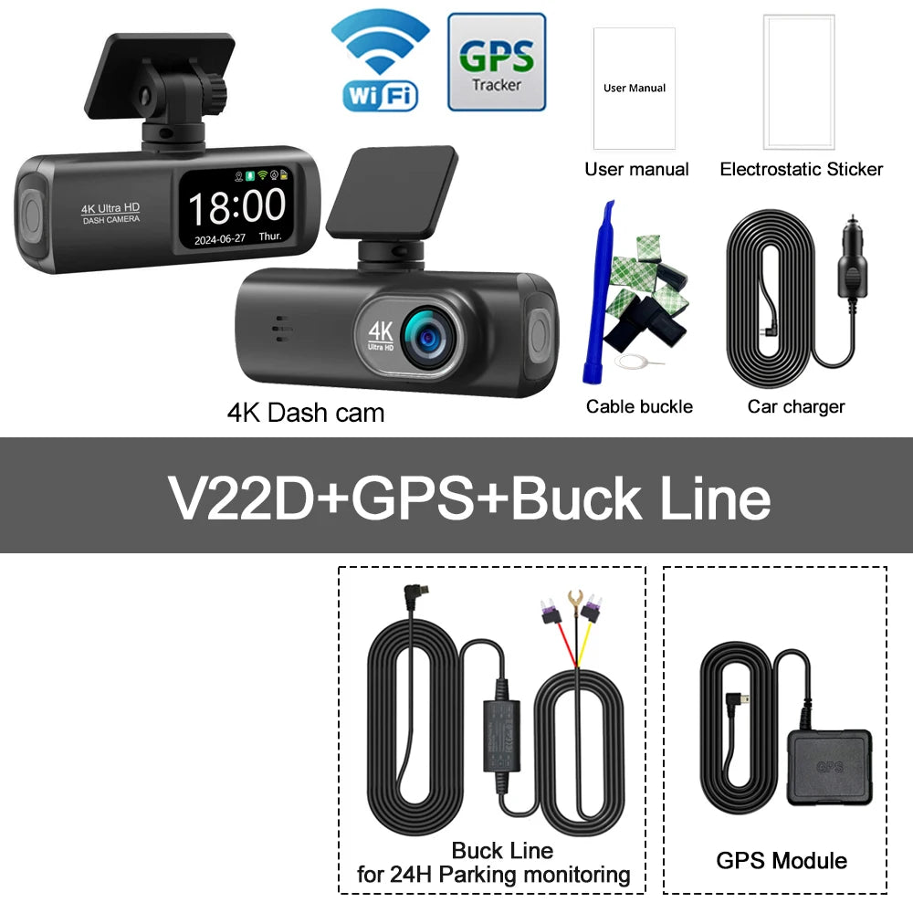 Dash Cam 4K UHD for Car Camera Front Rear Dual Lens With GPS WiFi 24h Parking Mode Night Vision Car DVR Video Registrator