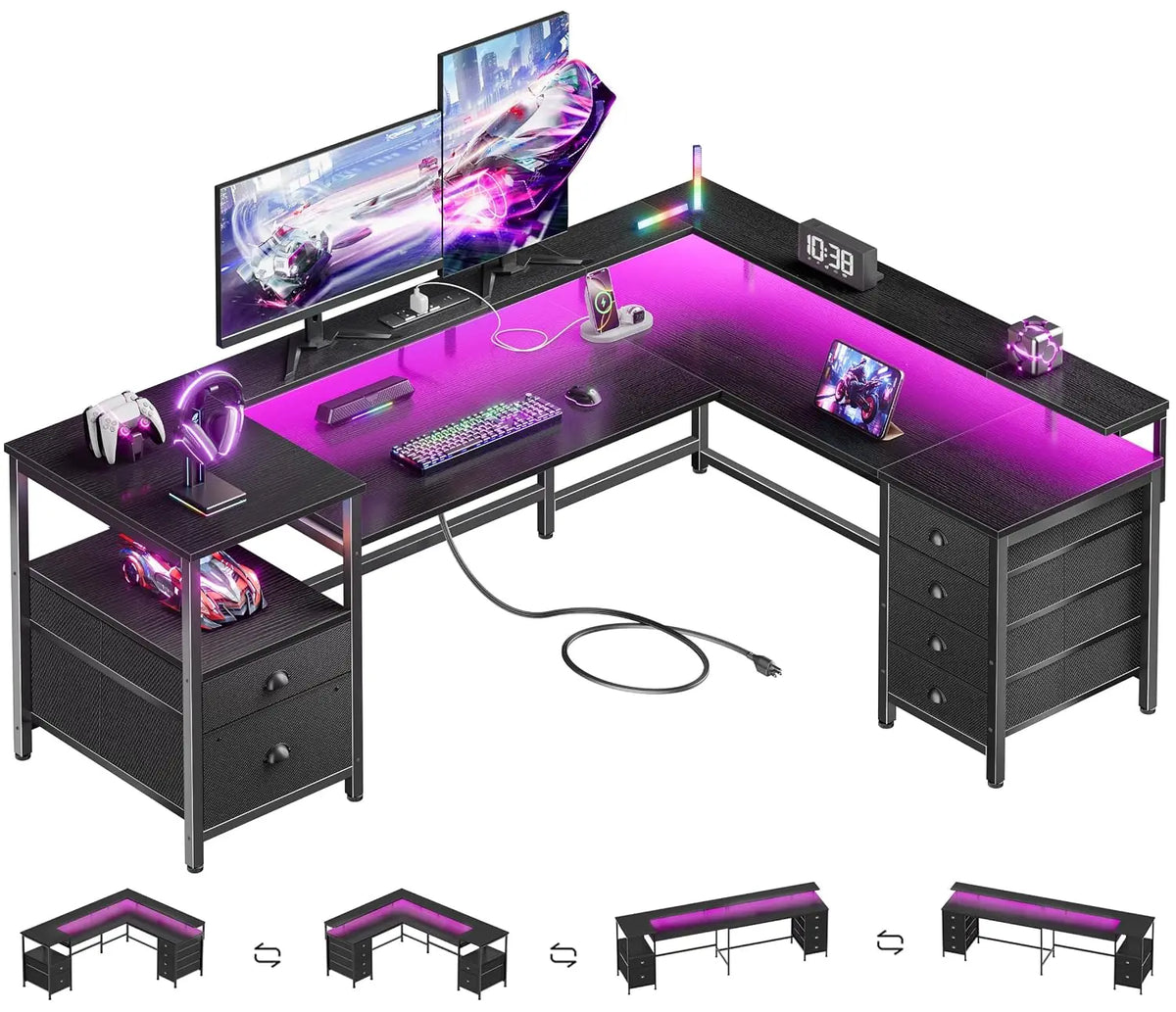 66" L‑Shaped Gaming Desk,6 Drawers & LED Lights & Power Outlets,Home Office Corner Workstation, Custom
