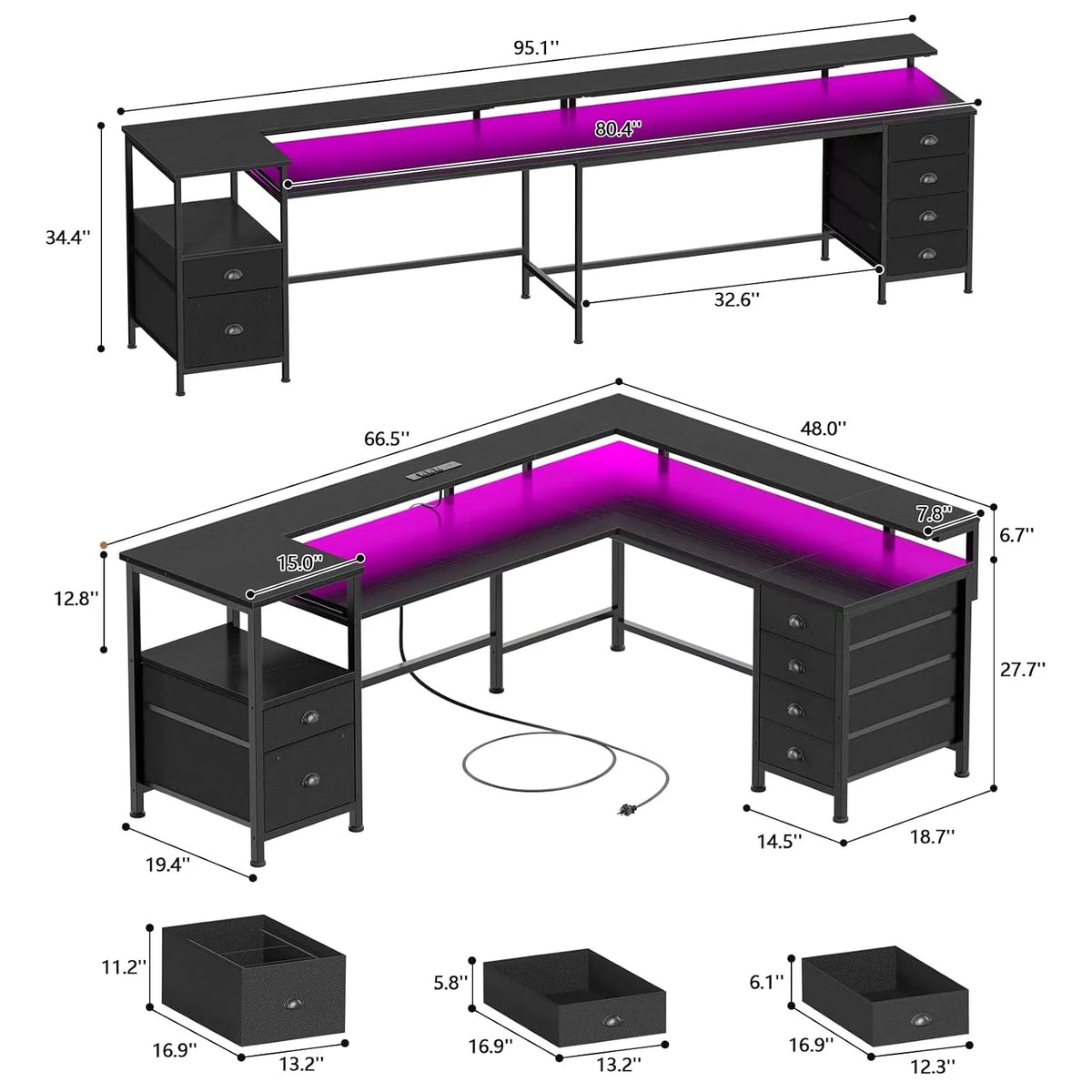 66" L‑Shaped Gaming Desk,6 Drawers & LED Lights & Power Outlets,Home Office Corner Workstation, Custom