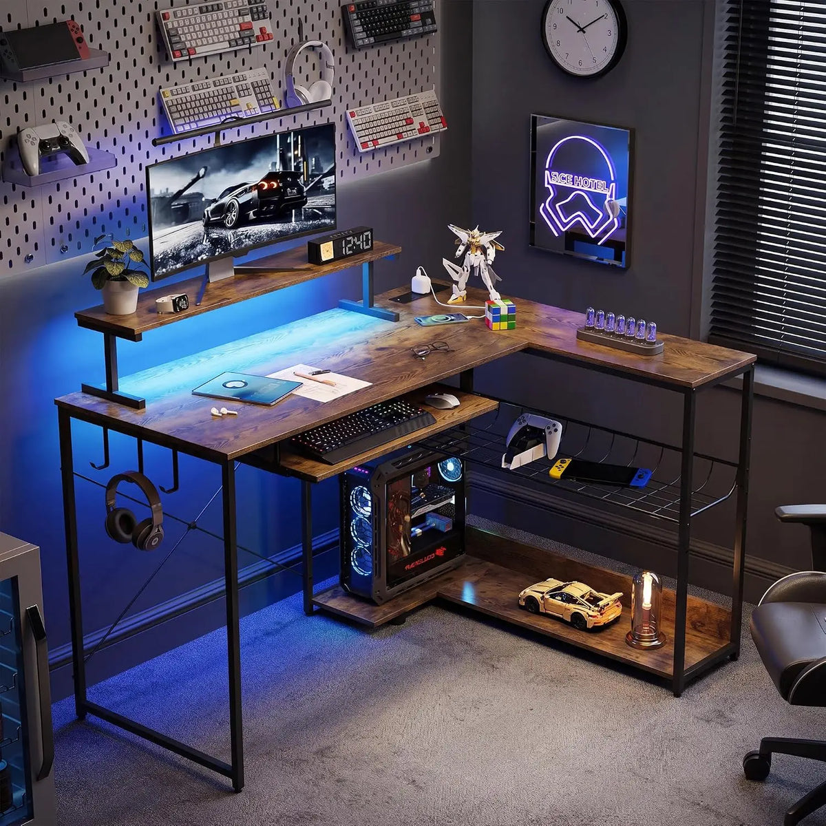 L Shaped Gaming Desk with Power Outlets & RGB LED Lights, 46" Corner Computer Table with Monitor Stand, Keyboard, Customized
