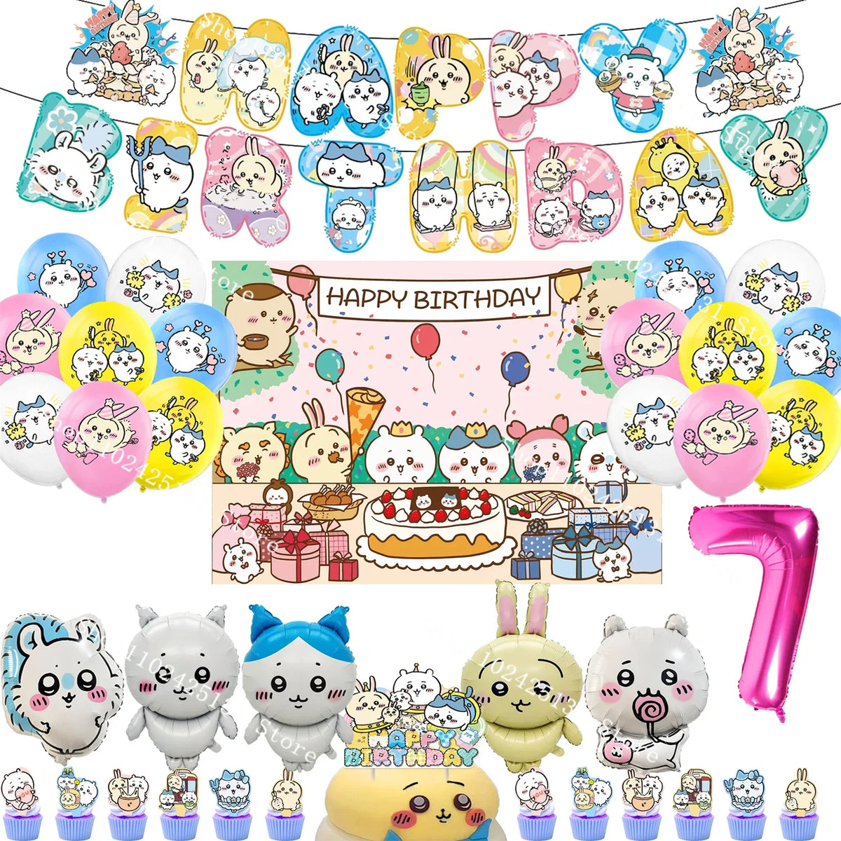 Chiikawa kawaii Happy Birthday Party Decorations Cute plate Banner Cake Topper Flag Balloons Disposable tableware Decorations