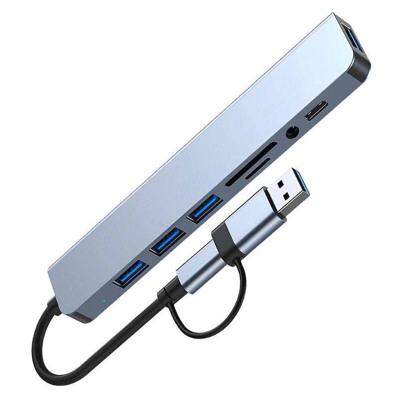 Expand your connectivity with this 8-in-2 USB + Type-C hub docking station—featuring multiple USB ports and a convenient card reader for seamless device access! Card Reader Laptop Tablet Phone Disk Converter