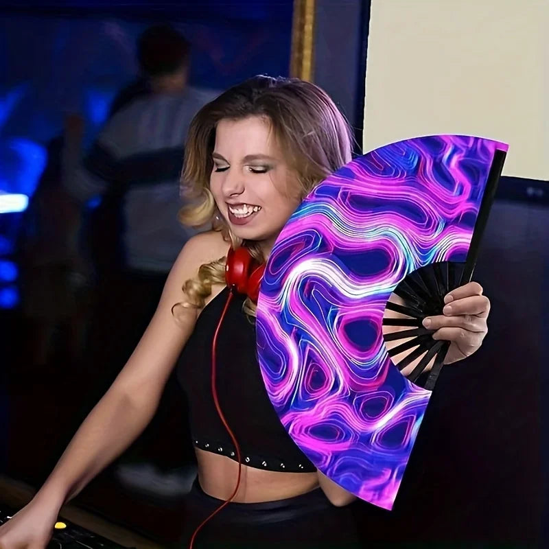 One Pack Large Carnival Folding Fan Fan Craft Fan with Energetic Neon Mushroom Pattern Can Be Used for Both Men and Women