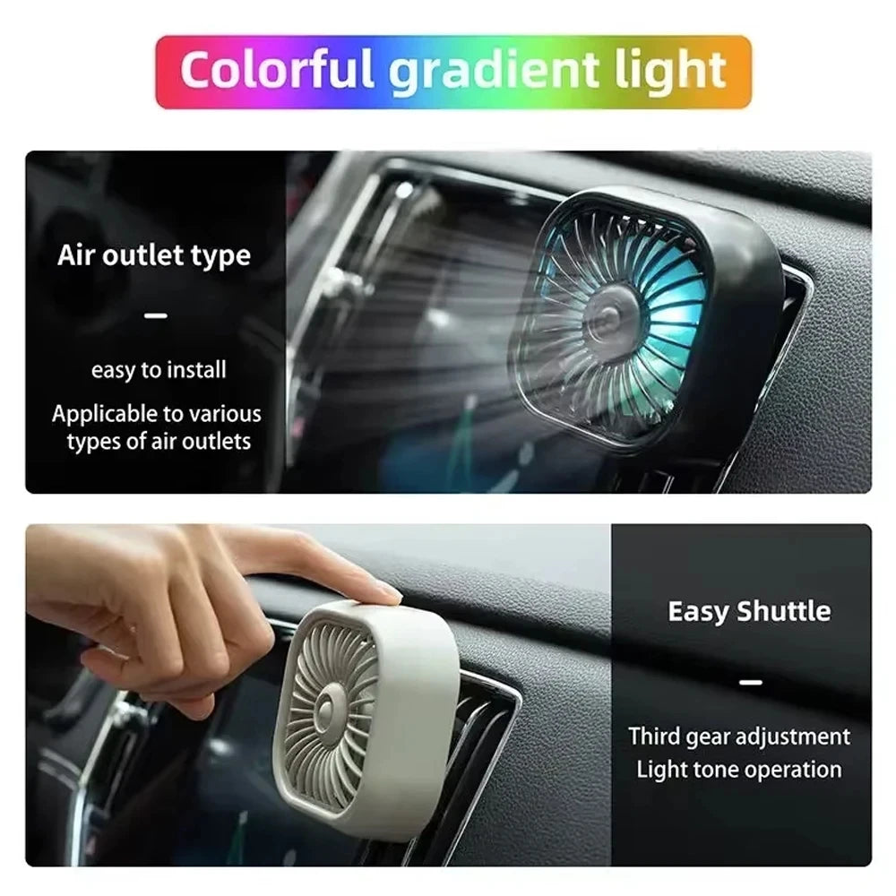 Summer New Mini USB Car Fan, 3 Speed Adjustable, Air Vent Mount with Colorful Light, Auto Cooling Fan Car Accessories