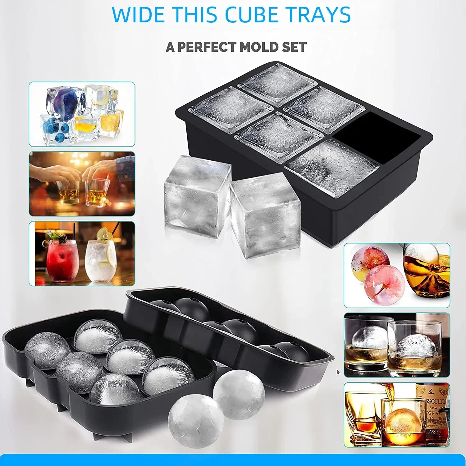 3PCS/Lot Silicone Whiskey Ice Ball Mold Large Ball Maker Mold, Round Sphere, Square Ice Cube Tray，Hole+Grid Square+37 Honeycomb